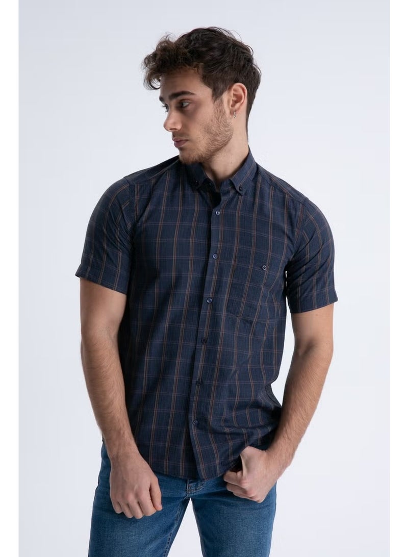 Varetta Men's Navy Blue Short Sleeve Checked Pocket Collar Buttoned Shirt - Image 1