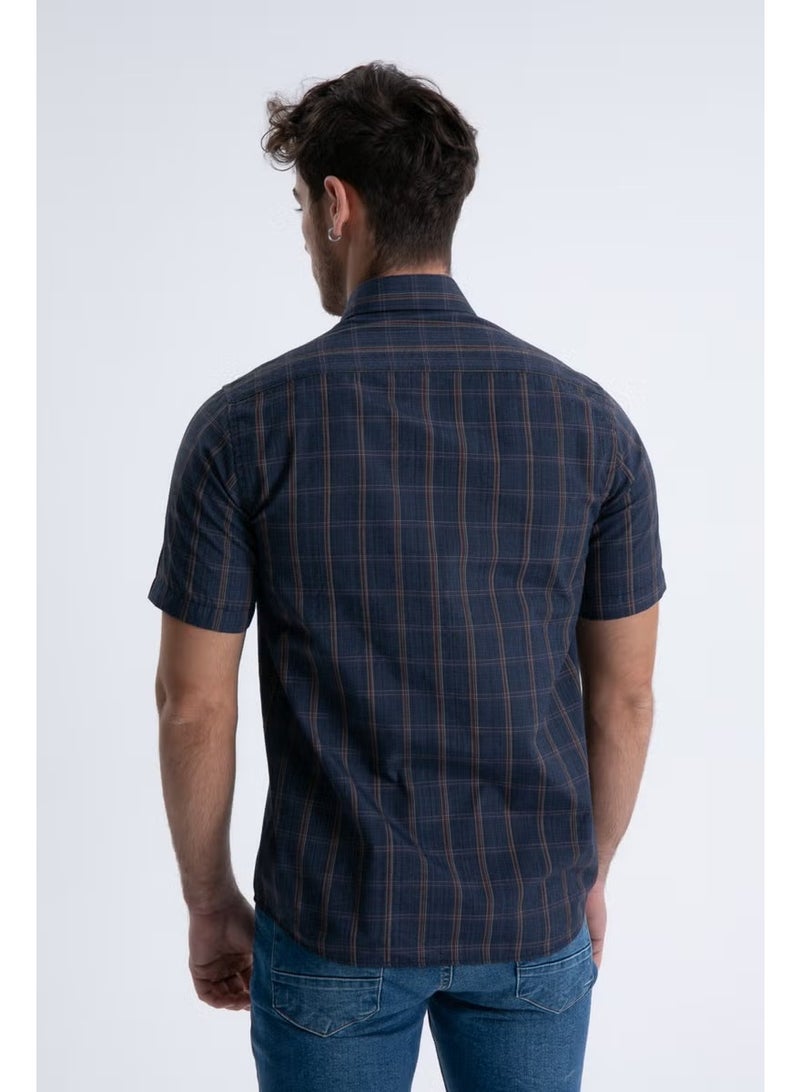 Varetta Men's Navy Blue Short Sleeve Checked Pocket Collar Buttoned Shirt - Image 4