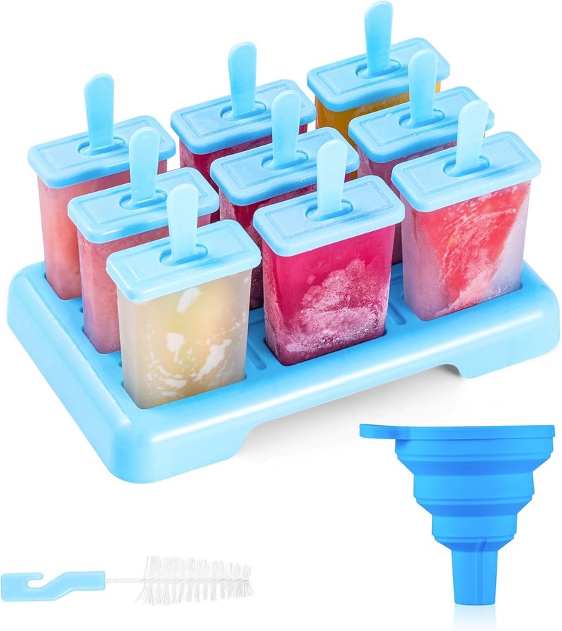 ANSMIO Ice Pop Molds 9 Popsicle Molds Ice Cream Moulds Reusable DIY Ideas Ice Lolly Stick - Comes with a Cleaning Brush and Funnel(Blue) - Image 1