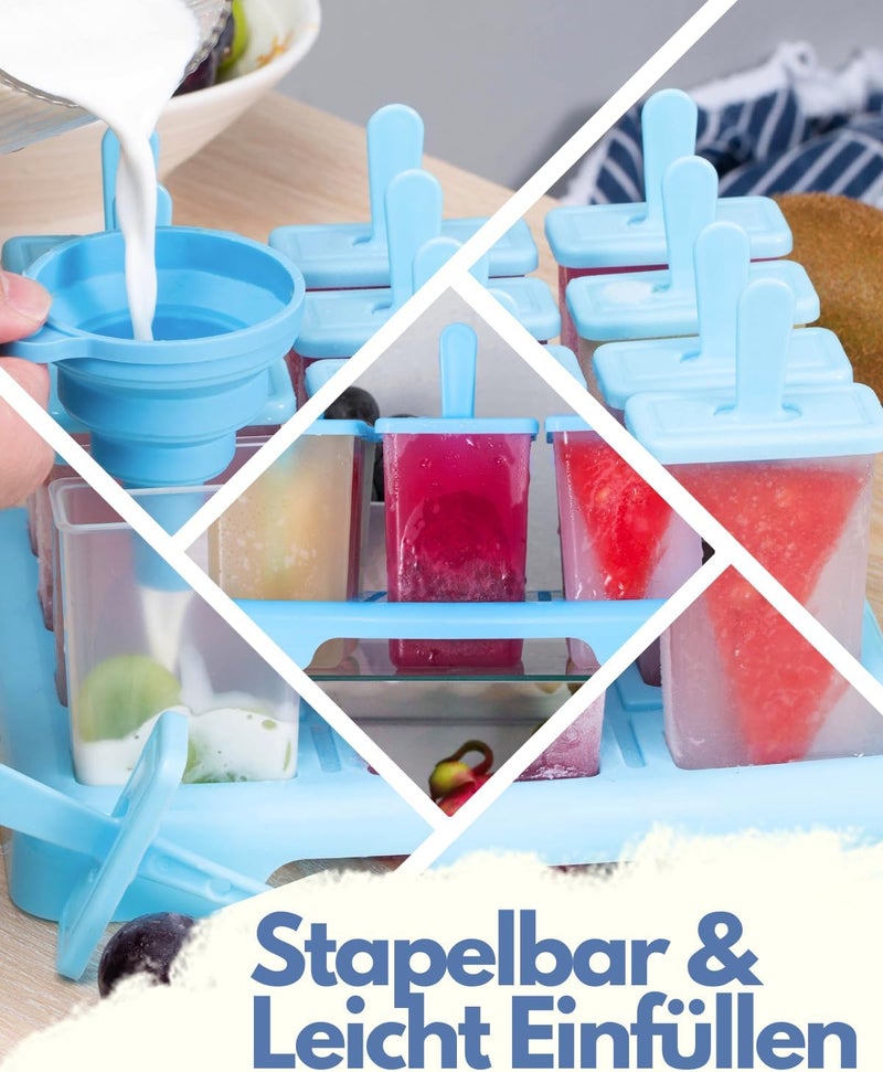 ANSMIO Ice Pop Molds 9 Popsicle Molds Ice Cream Moulds Reusable DIY Ideas Ice Lolly Stick - Comes with a Cleaning Brush and Funnel(Blue) - Image 4