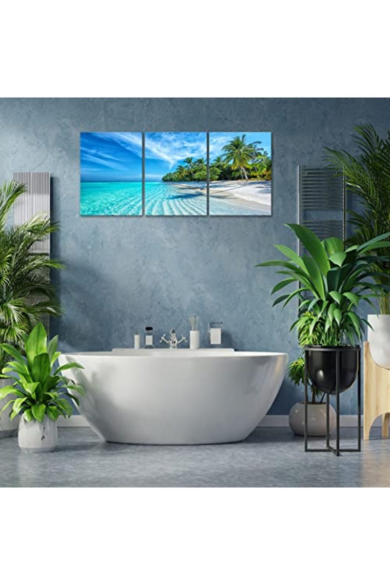 KAWAHONE Blue Sky Ocean Canvas Wall Art, Coconut Tree Beach Landscape Poster Framed, Canvas Painting Printing Picture for Home Bedroom Bathroom, 12" x 16" x 3 PCS - Image 4