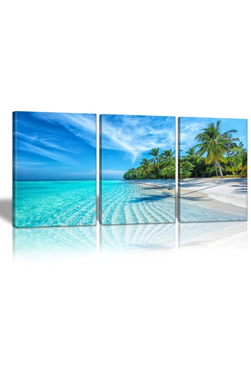 KAWAHONE Blue Sky Ocean Canvas Wall Art, Coconut Tree Beach Landscape Poster Framed, Canvas Painting Printing Picture for Home Bedroom Bathroom, 12" x 16" x 3 PCS - Image 1