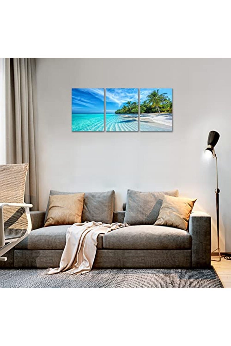 KAWAHONE Blue Sky Ocean Canvas Wall Art, Coconut Tree Beach Landscape Poster Framed, Canvas Painting Printing Picture for Home Bedroom Bathroom, 12" x 16" x 3 PCS - Image 5