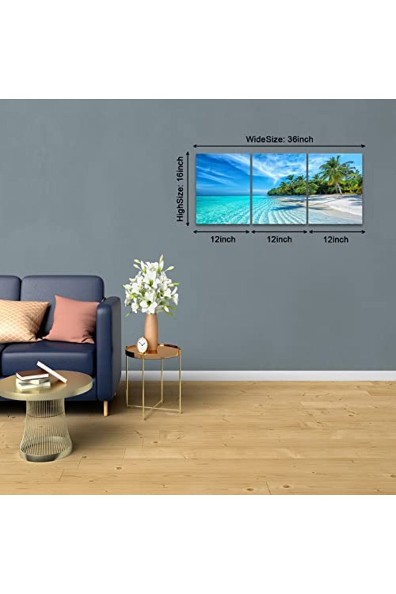 KAWAHONE Blue Sky Ocean Canvas Wall Art, Coconut Tree Beach Landscape Poster Framed, Canvas Painting Printing Picture for Home Bedroom Bathroom, 12" x 16" x 3 PCS - Image 3