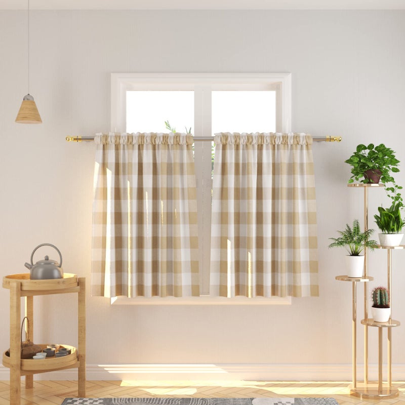 Natus Weaver Buffalo Check Check Tier Curtais 36 Inghs Long Plaid Gingham Rod Pocket Classic Cafe Curtains Country Farmhouse Half Trestains 2 لوحان بيج وبيج - Image 1