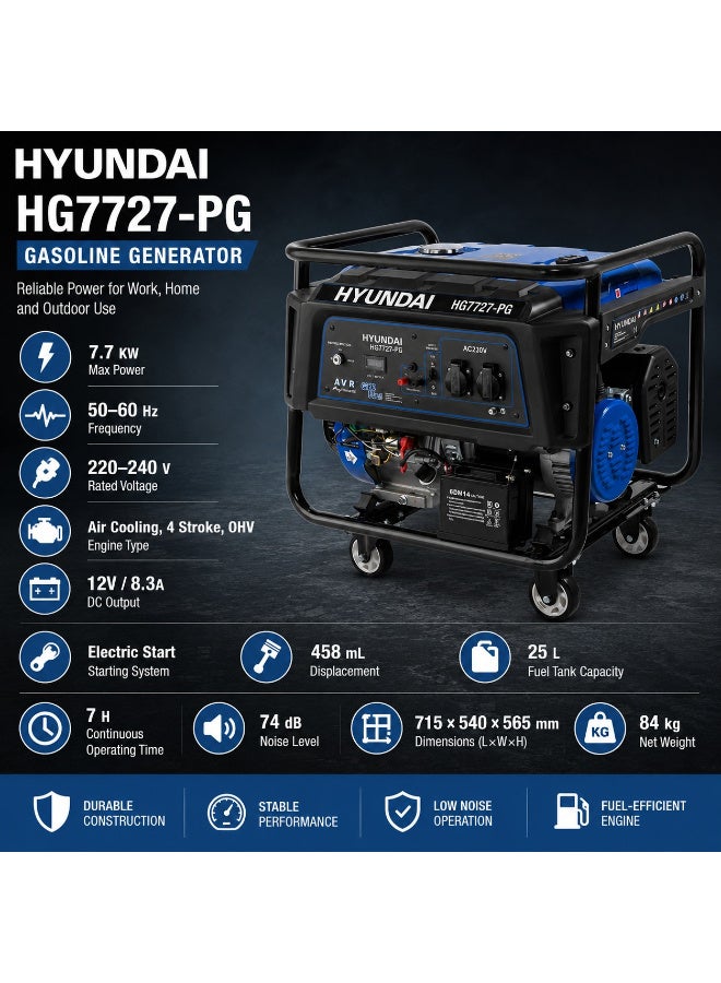 HYUNDAI Gasoline Generator Hyundai  HY HG7727-PG 7.7KW Electric Start Portable Generator 458cc 4 Stroke OHV Engine 25L Fuel Tank - Image 2