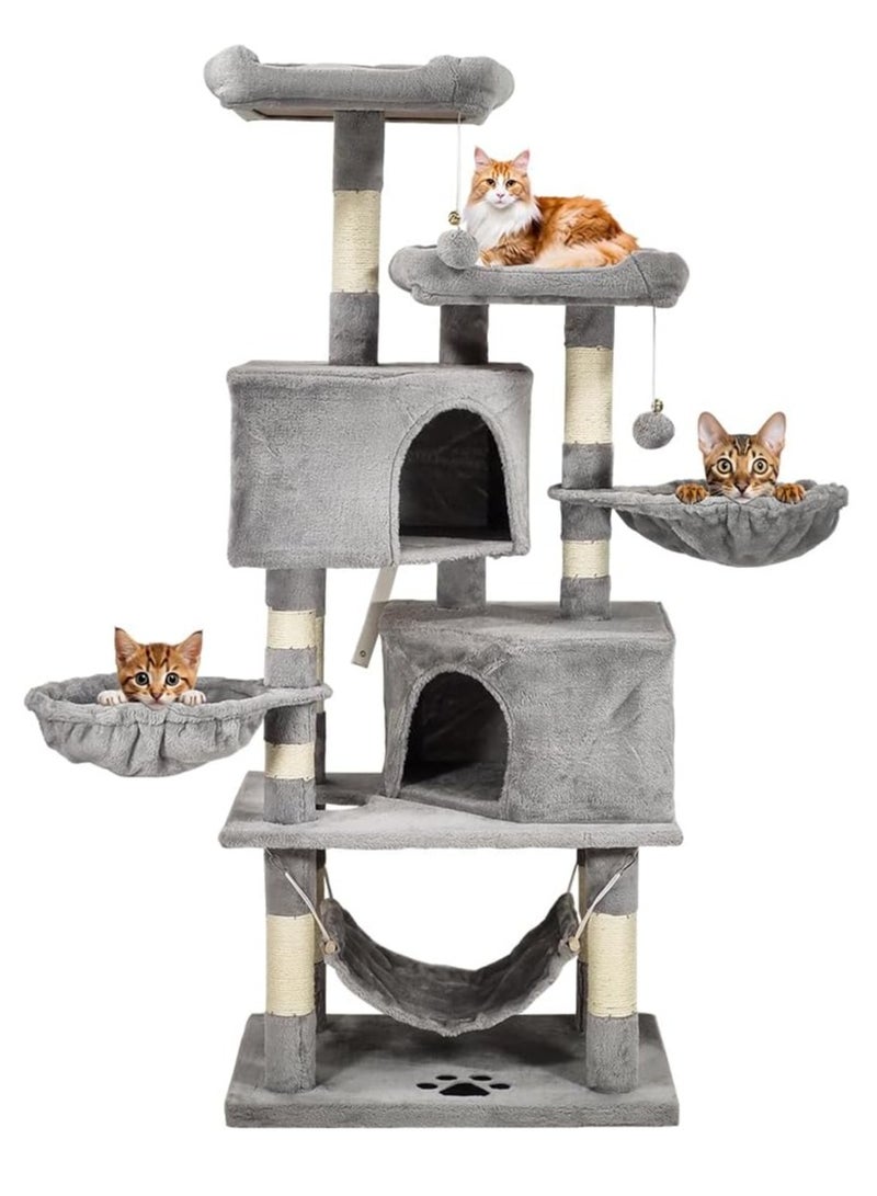 أن ان سي بيتس شجرة قطط متعددة المستويات مع أراجيح، ارتفاع 145 سم، أثاث برج قطط داخلي للقطط الصغيرة والقطط، برج قطط مع أعمدة خدش، مجاثم مزدوجة، كرات متدلية وشقق للقطط، سهلة التركيب (رمادي) - Image 1