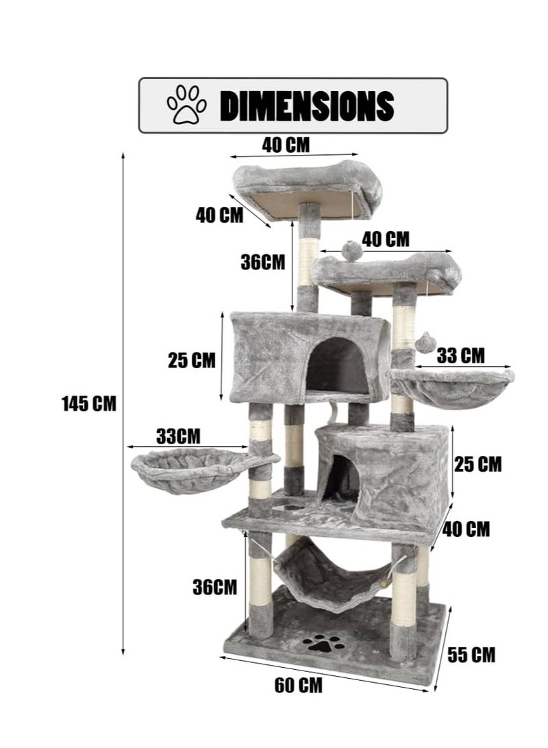 أن ان سي بيتس شجرة قطط متعددة المستويات مع أراجيح، ارتفاع 145 سم، أثاث برج قطط داخلي للقطط الصغيرة والقطط، برج قطط مع أعمدة خدش، مجاثم مزدوجة، كرات متدلية وشقق للقطط، سهلة التركيب (رمادي) - Image 2