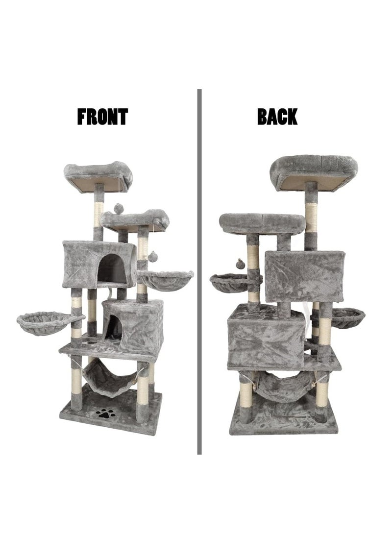 أن ان سي بيتس شجرة قطط متعددة المستويات مع أراجيح، ارتفاع 145 سم، أثاث برج قطط داخلي للقطط الصغيرة والقطط، برج قطط مع أعمدة خدش، مجاثم مزدوجة، كرات متدلية وشقق للقطط، سهلة التركيب (رمادي) - Image 3