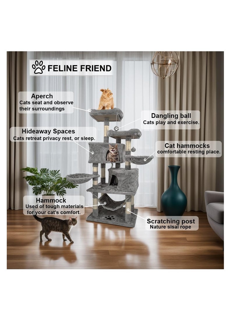 أن ان سي بيتس شجرة قطط متعددة المستويات مع أراجيح، ارتفاع 145 سم، أثاث برج قطط داخلي للقطط الصغيرة والقطط، برج قطط مع أعمدة خدش، مجاثم مزدوجة، كرات متدلية وشقق للقطط، سهلة التركيب (رمادي) - Image 5