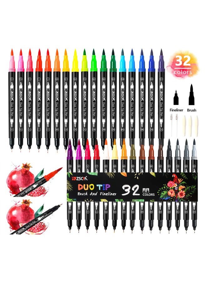 ZSCM QUALITY DECIDES THE FUTURE 32 Colours Dual Tip Brush Pens Art Markers Set, Fine and Brush Tip Coloured Dual Pen for Kid Adult Colouring Book Drawing Bullet Journal Planner Calendar Art Projects - Image 1