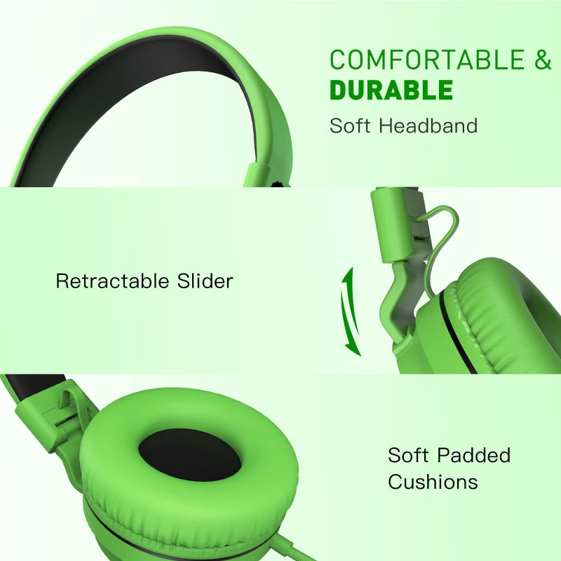 rockpapa 950 Wired Headphones for Kids Girls Boys for School Classroom with Microphone, On-Ear Foldable Corded Headphones with Jack 3.5mm for Laptop Computer Tablet Chromebooks Black Green - Image 2
