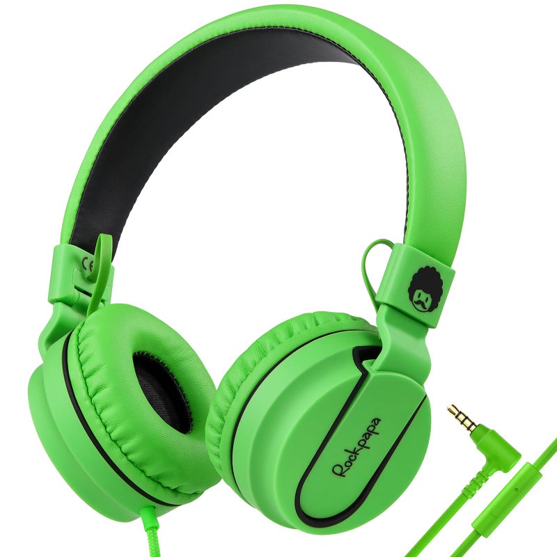 rockpapa 950 Wired Headphones for Kids Girls Boys for School Classroom with Microphone, On-Ear Foldable Corded Headphones with Jack 3.5mm for Laptop Computer Tablet Chromebooks Black Green - Image 1