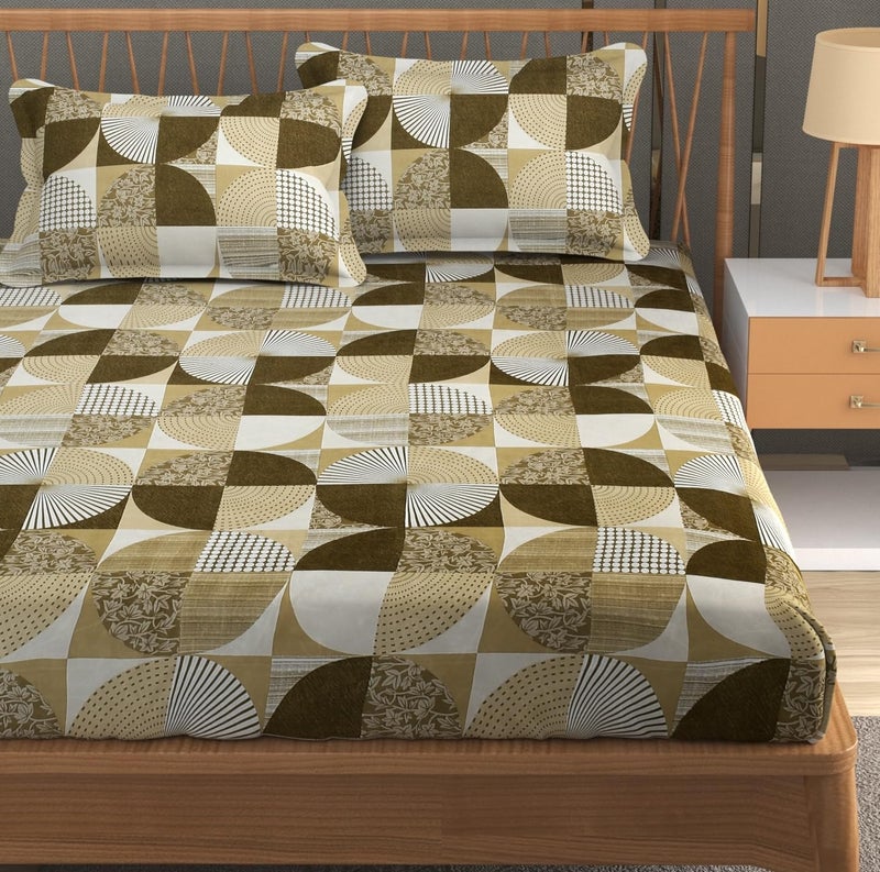 Furnofy Premium Geometric Printed Double Bedsheet Set – Mustard & White (90x100 Inches) with 2 Pillow Covers – Flat - Image 1