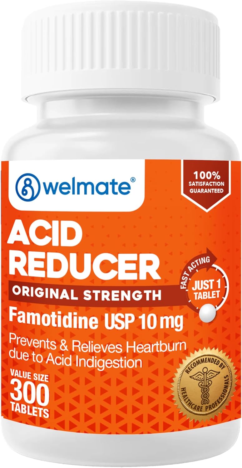 WELMATE  Famotidine Acid Reducer 10mg  Original Strength  Heartburn Relief  Acid Indigestion  Stomach Relief  Works in 15 Minutes  Generic Medication  Value Size  300 Tablets - Image 1