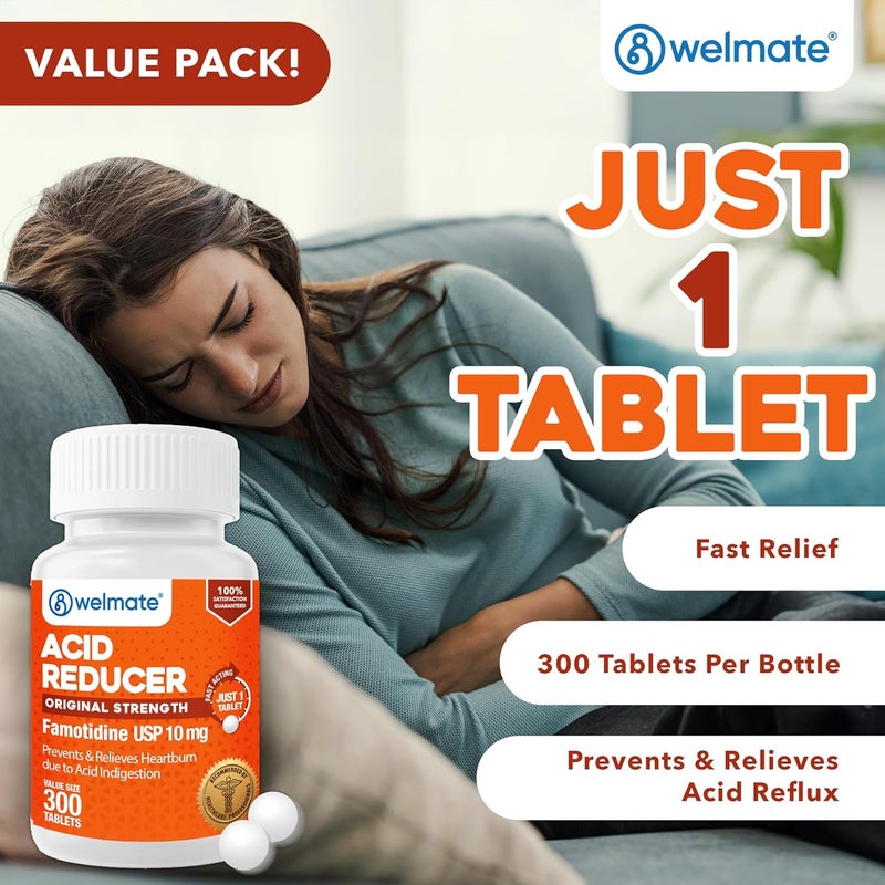 WELMATE  Famotidine Acid Reducer 10mg  Original Strength  Heartburn Relief  Acid Indigestion  Stomach Relief  Works in 15 Minutes  Generic Medication  Value Size  300 Tablets - Image 3