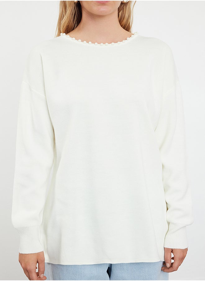 trendyol Ecru Side Pearled Knitwear Sweater TCTAW25AK00014  - Image 3