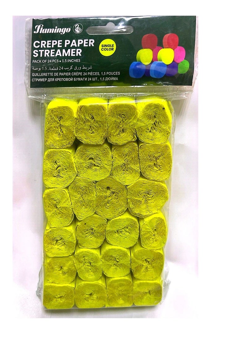 Flamingo 24 Roll Crepe Paper Streamer Single Color 1.5Inches Yellow Color - Image 1