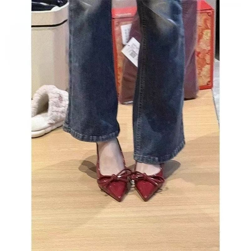 French-Style Red Patent Leather Pointed Toe Mule Sandals With Bowknot, High Heels, And Stunning Popular Model - Image 2