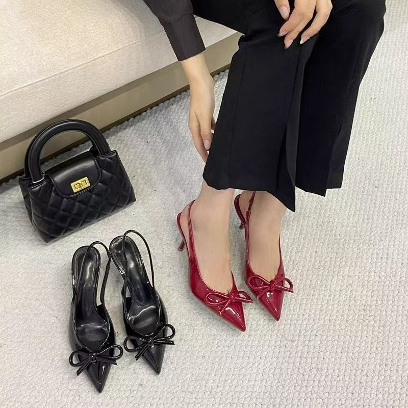 French-Style Red Patent Leather Pointed Toe Mule Sandals With Bowknot, High Heels, And Stunning Popular Model - Image 3