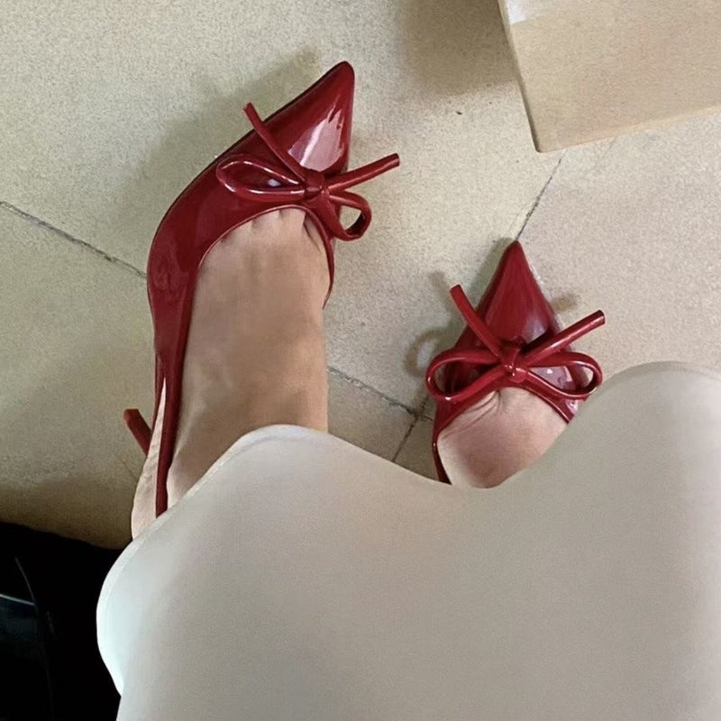 French-Style Red Patent Leather Pointed Toe Mule Sandals With Bowknot, High Heels, And Stunning Popular Model - Image 5