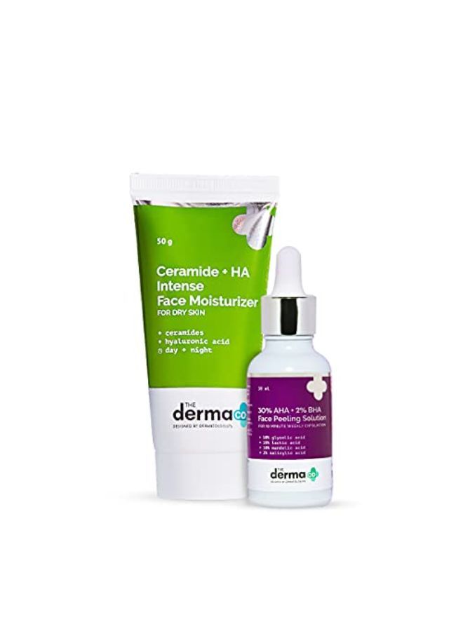 THE derma Co مجموعة بشرة متوهجة - محلول تقشير الوجه 30% Aha + 2% Bha (30 مل) + سيراميد + مرطب وجه مكثف من Ha (50 جم) - Image 1