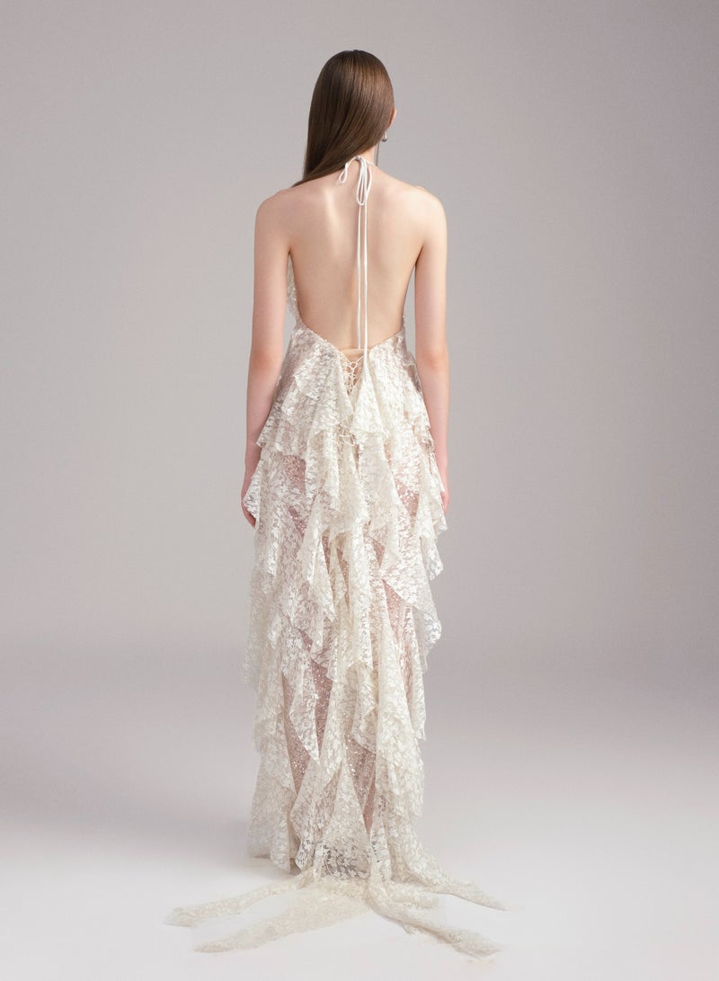 LASSY • SANTORINI HALTER V NECK RUFFLE RUCHED MAXI DRESS IN CREAM - Image 2
