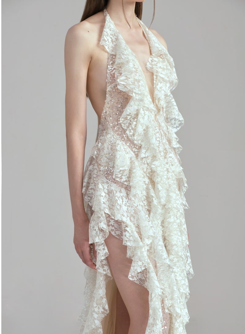 LASSY • SANTORINI HALTER V NECK RUFFLE RUCHED MAXI DRESS IN CREAM - Image 3