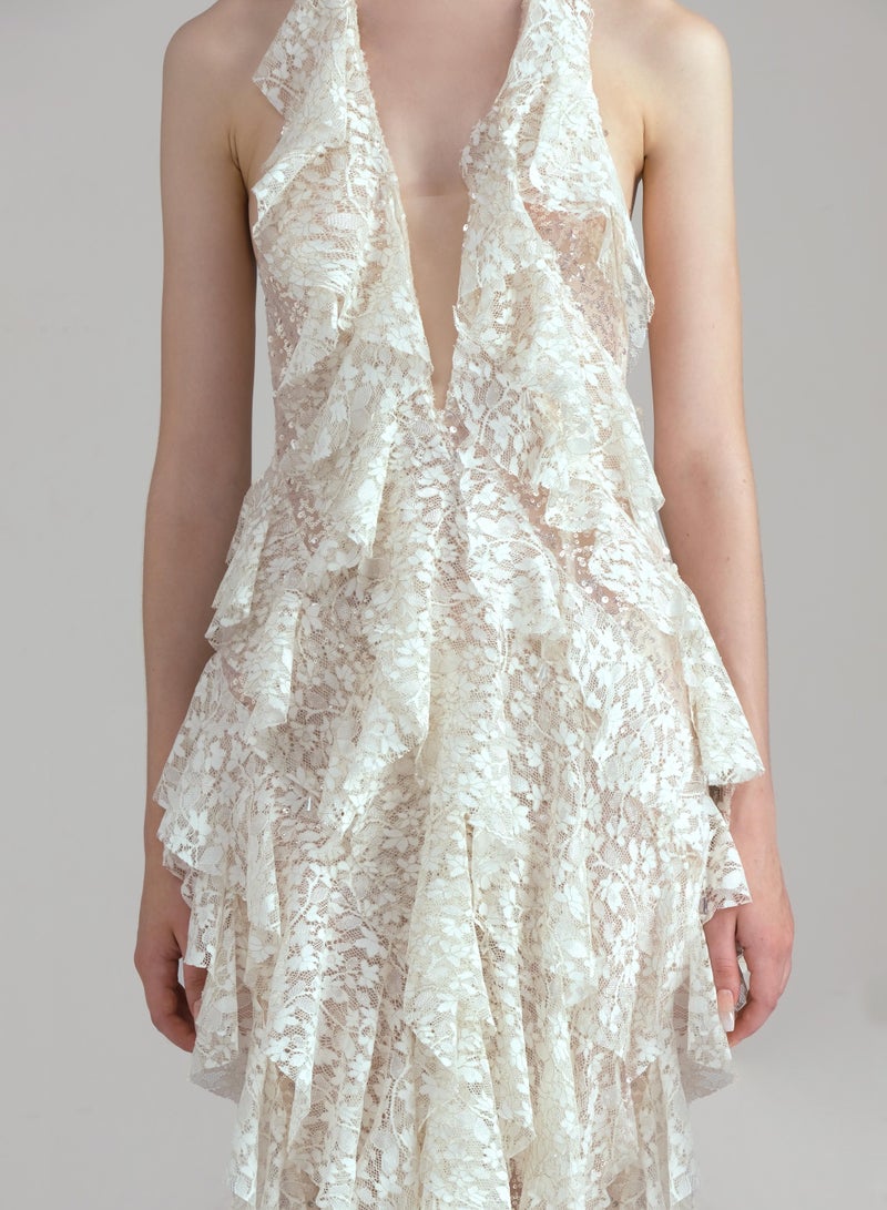 LASSY • SANTORINI HALTER V NECK RUFFLE RUCHED MAXI DRESS IN CREAM - Image 4