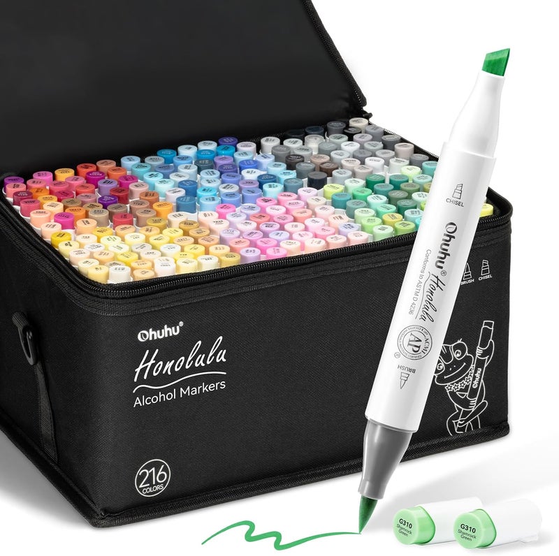 Ohuhu Alcohol Art Markers Set, 216-Color Double Tipped Brush & Chisel Sketch Markers with Blender for Adult Coloring and Illustration - Honolulu Series - Image 1