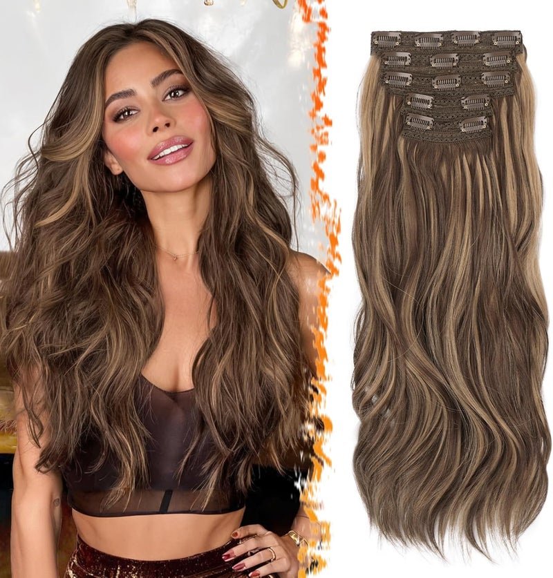 BARSDAR Highlight Clip in Hair Extensions, 50 cm Wavy Clip in Hair Extensions for Women, 5 Pieces Thick Layered Hair Extensions Lace Synthetic Hairpieces Extensions – Brown with Honey Blonde - Image 1