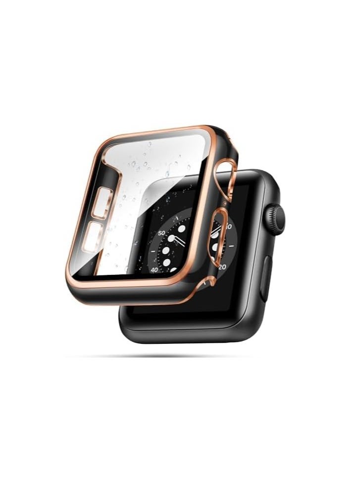 ماركة غير محددة - حافظة ELMO3EZZ مقاس 45 مم متوافقة مع ساعة Apple Watch، مع واقي شاشة زجاجي مقوى مدمج، غطاء PC لسلسلة iWatch 8/7/SE 6 5 4/3 2 للاختيار (45 مم، أسود + حافة ذهبية وردية) - Image 1