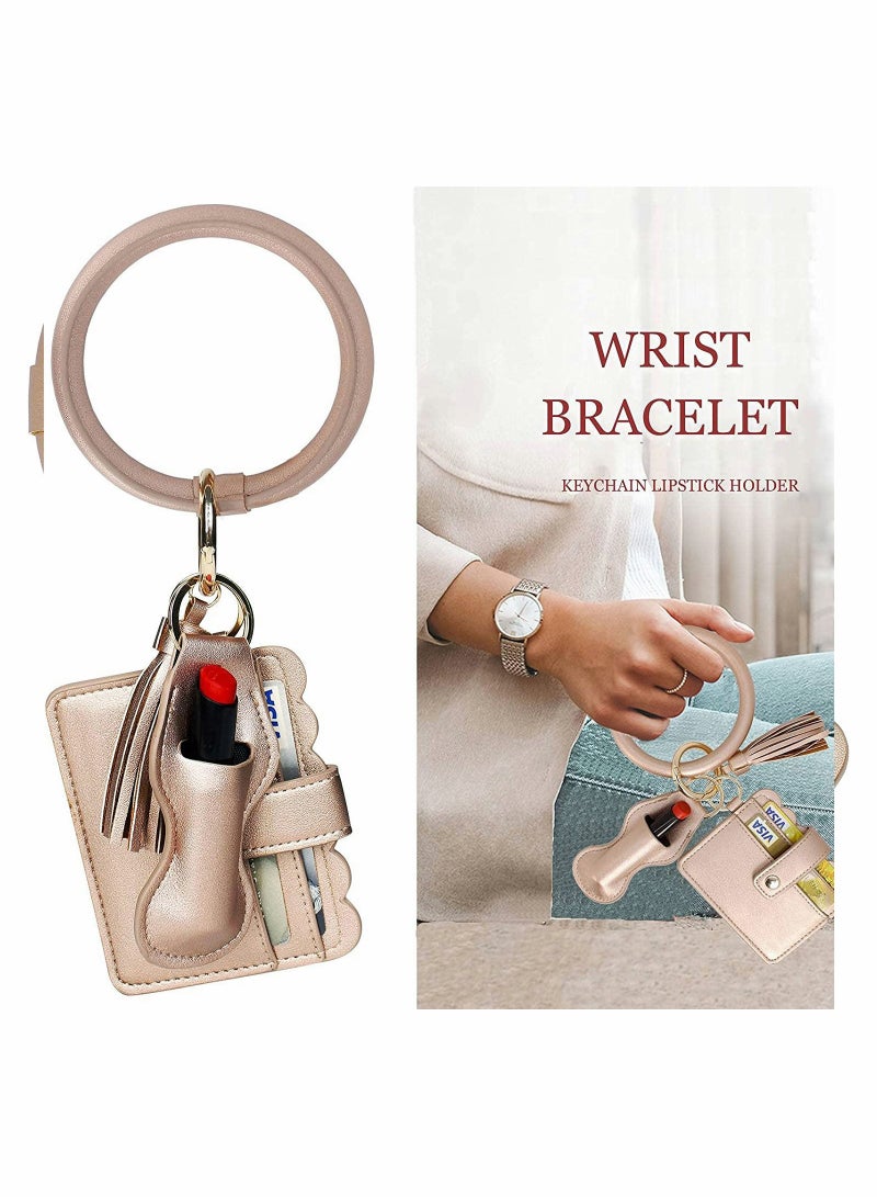SYOSI Circle Bangle Leather Keychain Wallet ID Card Holder Keyring with Lipstick Wristlet Bracelet Key Ring Chain Tassel Purse Women Girls Free Your Hands  - Image 2