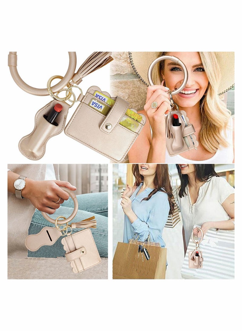 SYOSI Circle Bangle Leather Keychain Wallet ID Card Holder Keyring with Lipstick Wristlet Bracelet Key Ring Chain Tassel Purse Women Girls Free Your Hands  - Image 3