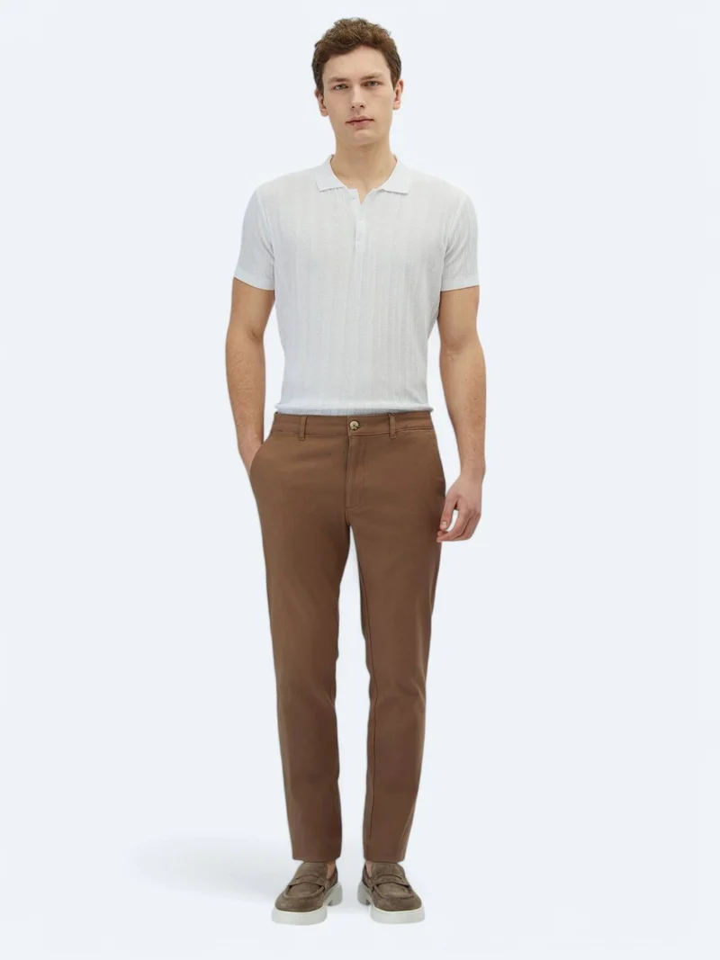 Kip Light Brown Weaving Regular Fit Casual Cotton Blended Trousers