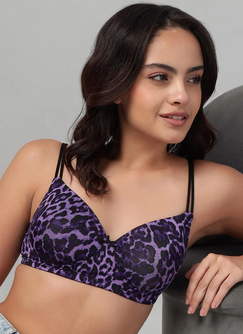 كلوفيا Clovia Padded Non-Wired Full Coverage Animal Print T-shirt Bra in Dark Purple with Dual Straps