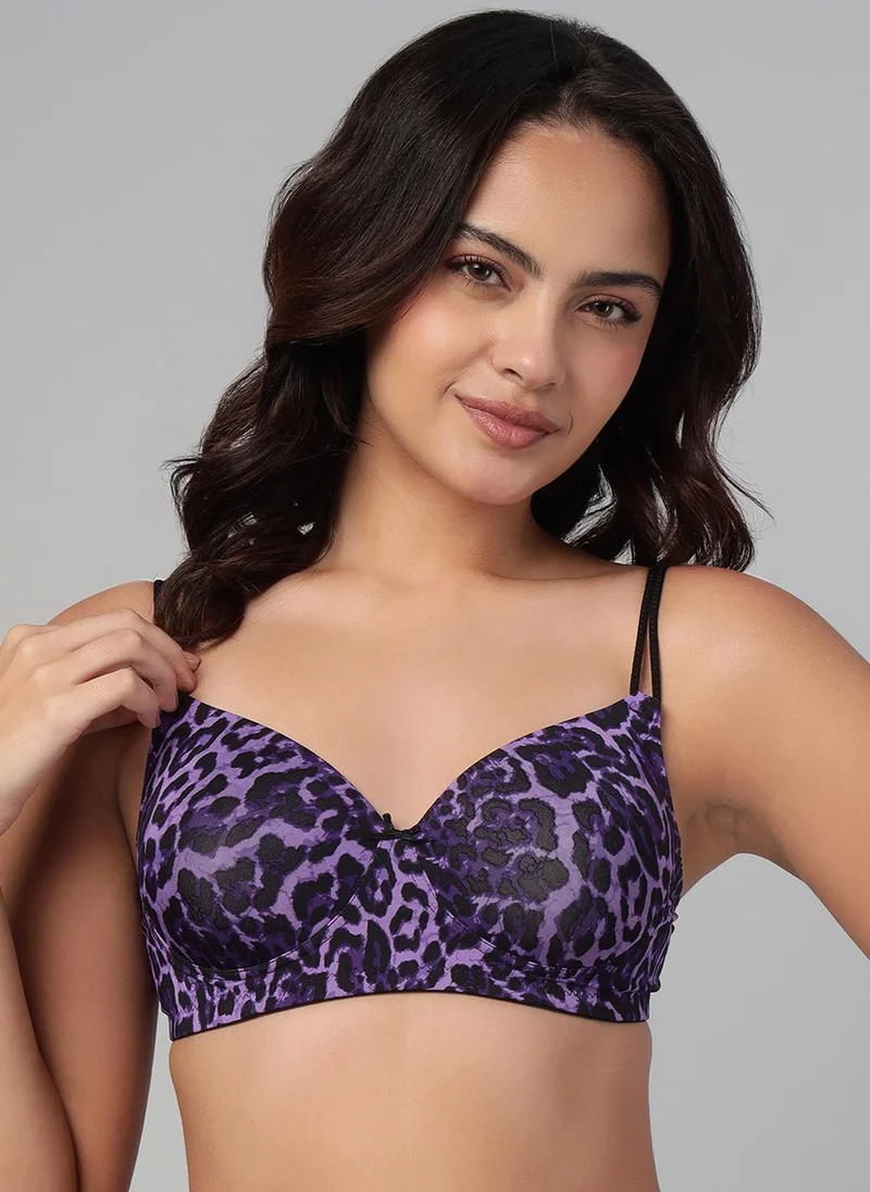 كلوفيا Clovia Padded Non-Wired Full Coverage Animal Print T-shirt Bra in Dark Purple with Dual Straps