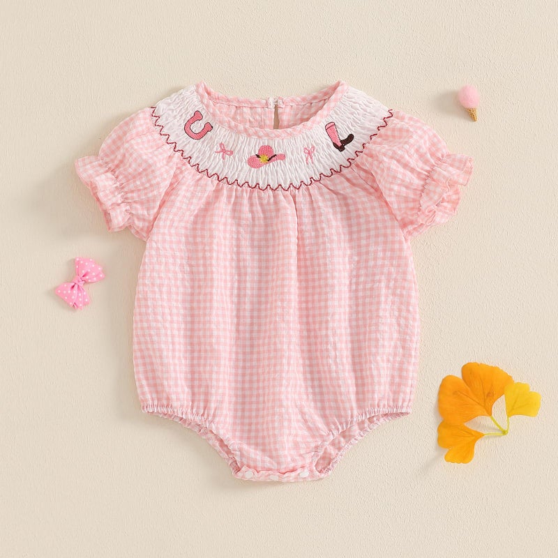 Licupiee Baby Girl Smocked Western Romper Short Sleeve Bubble Rompers Summer Clothes Plaid Print Embroidery Bow Bodysuit Tops (Pink, 0-3 Months) - Image 2