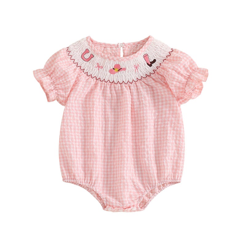 Licupiee Baby Girl Smocked Western Romper Short Sleeve Bubble Rompers Summer Clothes Plaid Print Embroidery Bow Bodysuit Tops (Pink, 0-3 Months) - Image 1