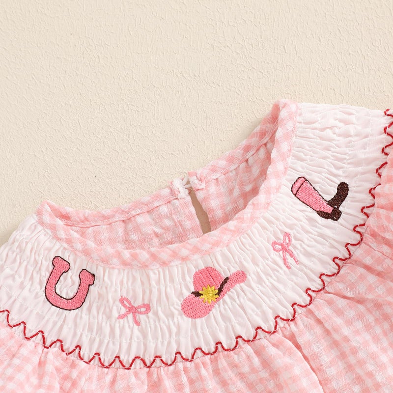Licupiee Baby Girl Smocked Western Romper Short Sleeve Bubble Rompers Summer Clothes Plaid Print Embroidery Bow Bodysuit Tops (Pink, 0-3 Months) - Image 5