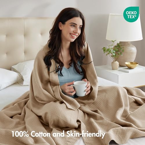 Madison Park 100% Egyptian Cotton Lightweight Summer Blanket, Breathable Waffle Knit Design, Soft Cozy All-Season Throw for Bed, Couch or Sofa, Khaki King Size (108"x90") - Image 4