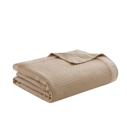 Madison Park 100% Egyptian Cotton Lightweight Summer Blanket, Breathable Waffle Knit Design, Soft Cozy All-Season Throw for Bed, Couch or Sofa, Khaki King Size (108"x90") - Image 1