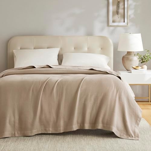 Madison Park 100% Egyptian Cotton Lightweight Summer Blanket, Breathable Waffle Knit Design, Soft Cozy All-Season Throw for Bed, Couch or Sofa, Khaki King Size (108"x90") - Image 2