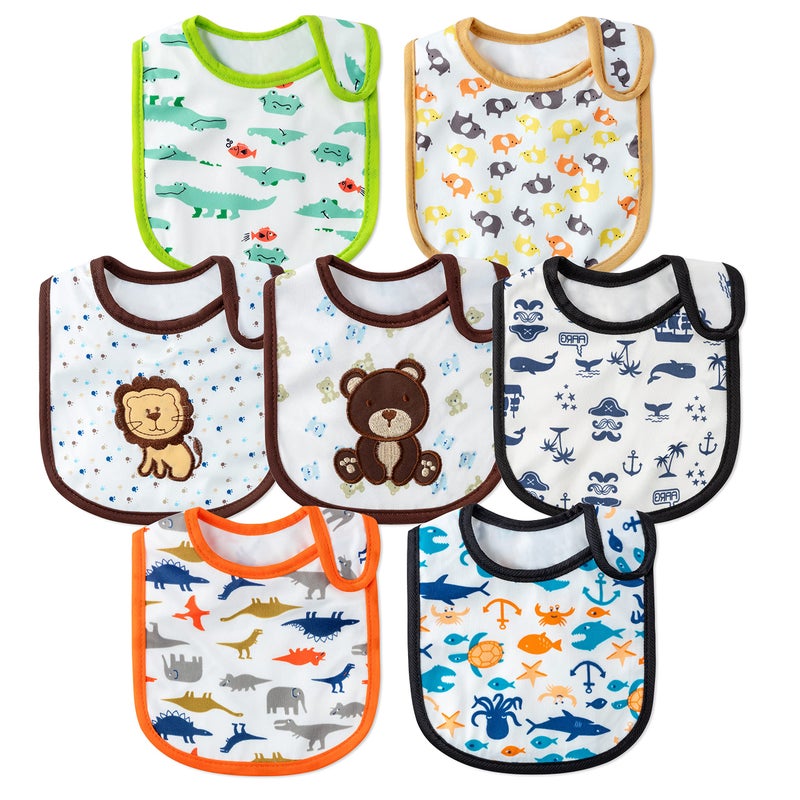 2ooya 7Pcs Waterproof Cotton Baby Bibs Adjustable Hook Loop Closure Infant Bib Unisex Blue Newborn Babies Infant Food Bibs Keepsake Baby Gift for Eating Teething Drooling Feedingï¼ˆ6-12 Monthsï¼‰ - Image 1