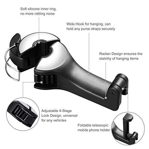Jupswan 2 in 1 Car Seat Hooks for Purses and Bags with Phone Holderï¼Å’Automative Headrest Purse Handbag Holder Hangers Organizers,Falling Resistance, Quietness and Universal Fit - Image 2