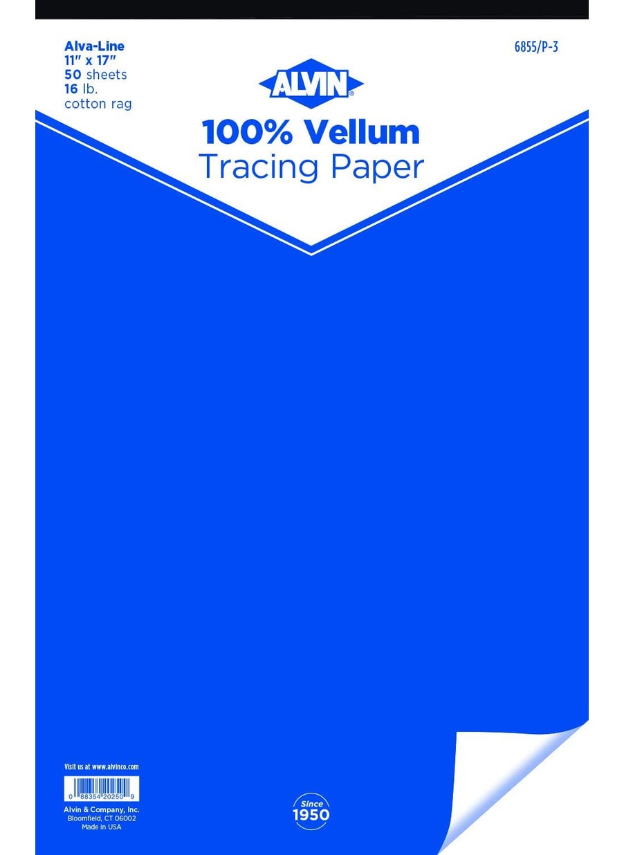 Alvin ALVIN Tracing Paper Pad Model 6855P3 AlvaLine Vellum Tracing Paper Pad Medium Weight Finely Grained Surface Suitable with Pencil and Pen No Smudge  50 Sheet Pad 11 x 17  - Image 1