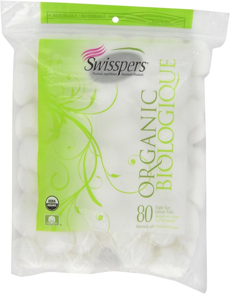 Swisspers Organic 100% Natural Cotton Balls - 80 Count Bag - Image 1