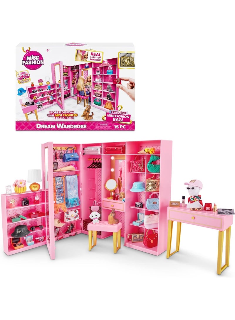 ZURU Mini Brands Mini Fashion Dream Wardrobe Playset – Pink Doll Accessory Storage with Exclusive Metallic Bag & Light-Up Mirror - Image 1