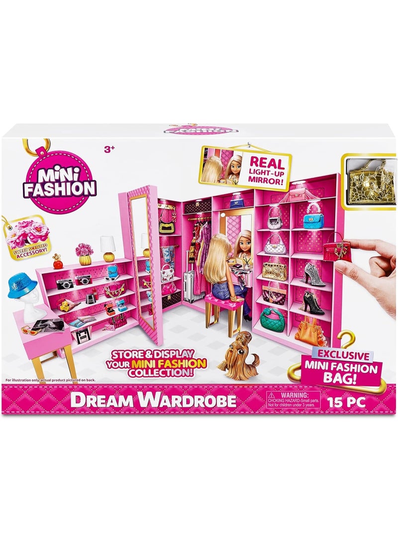 ZURU Mini Brands Mini Fashion Dream Wardrobe Playset – Pink Doll Accessory Storage with Exclusive Metallic Bag & Light-Up Mirror - Image 3