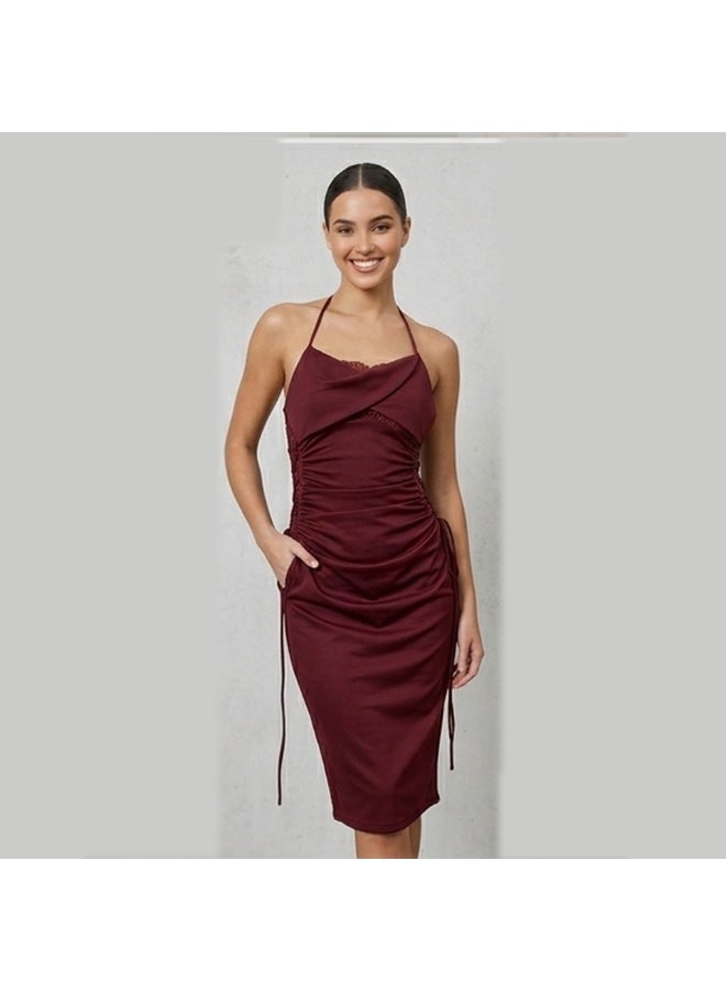 Caprisious Elegant Burgundy Halter Neck Ruched Midi Dress with Lace Detailing - Image 1